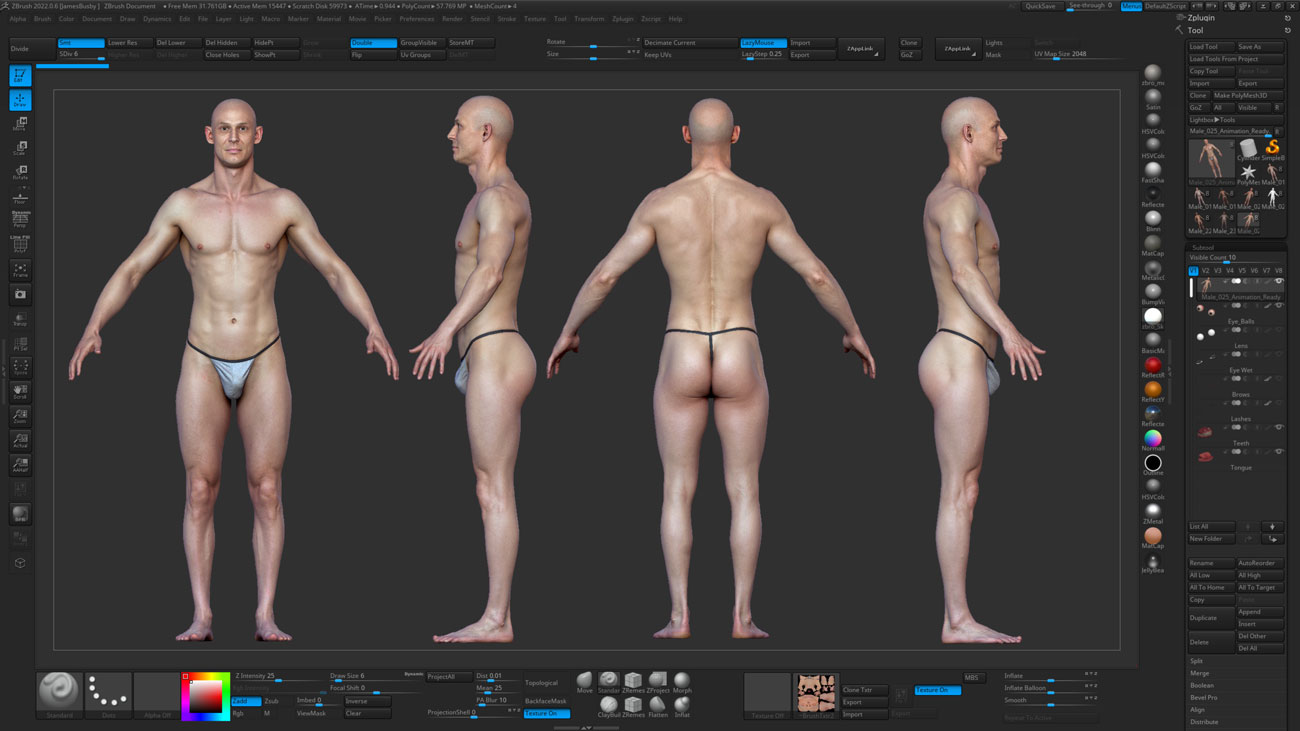 ZBrush ZTool render of a lean athletic male body scan at high subdivision level showing full sculpt and surface detail